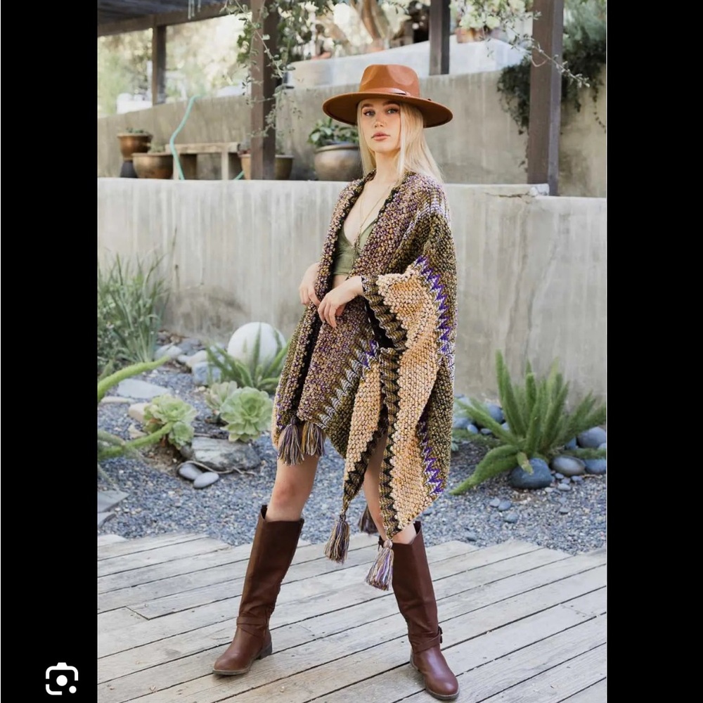 Bohemian Knit Poncho with Tassels